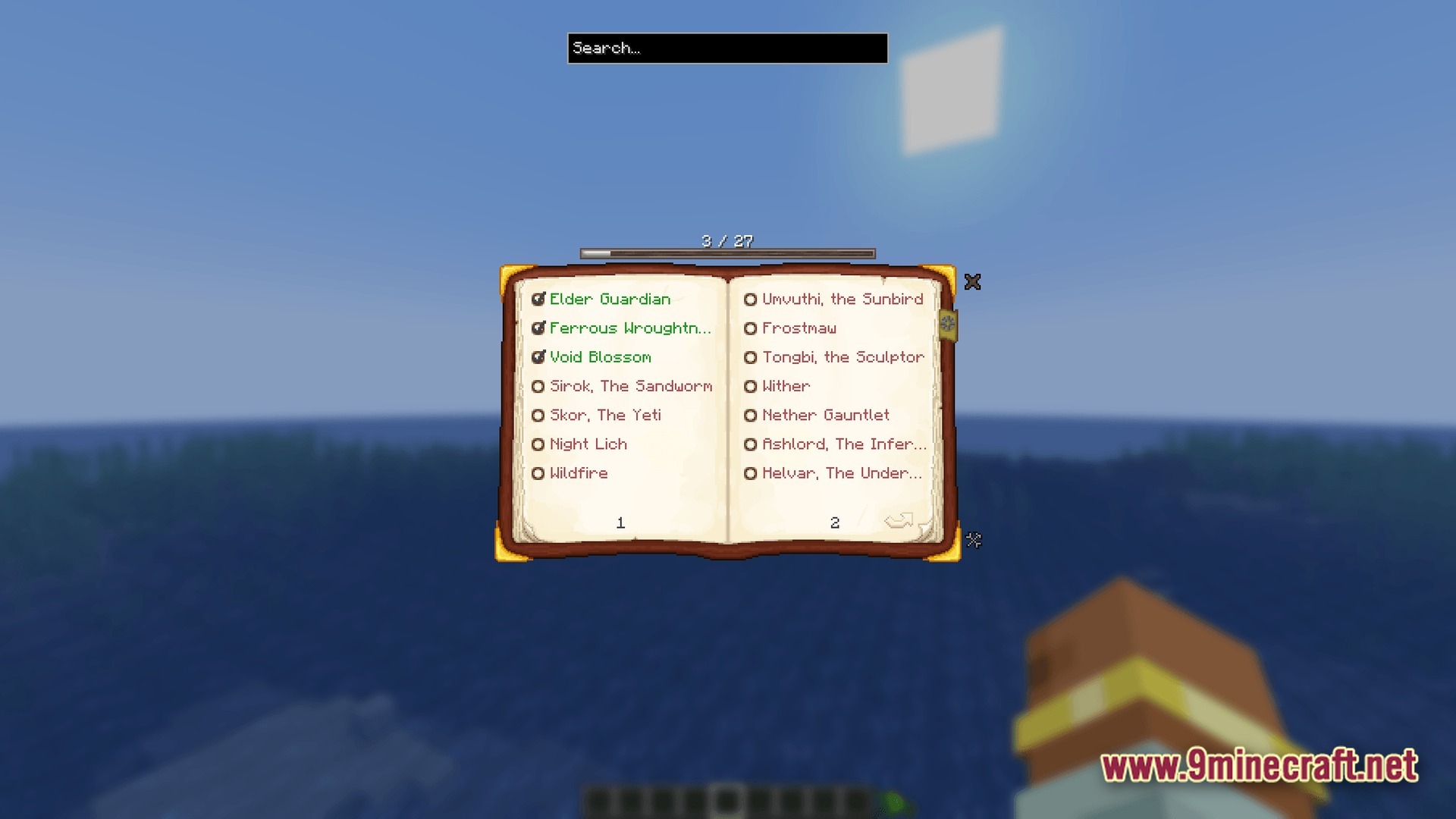 Primal Genesis Rising Modpack Screenshot 7 An open quest book interface displays a checklist of various boss mobs to defeat