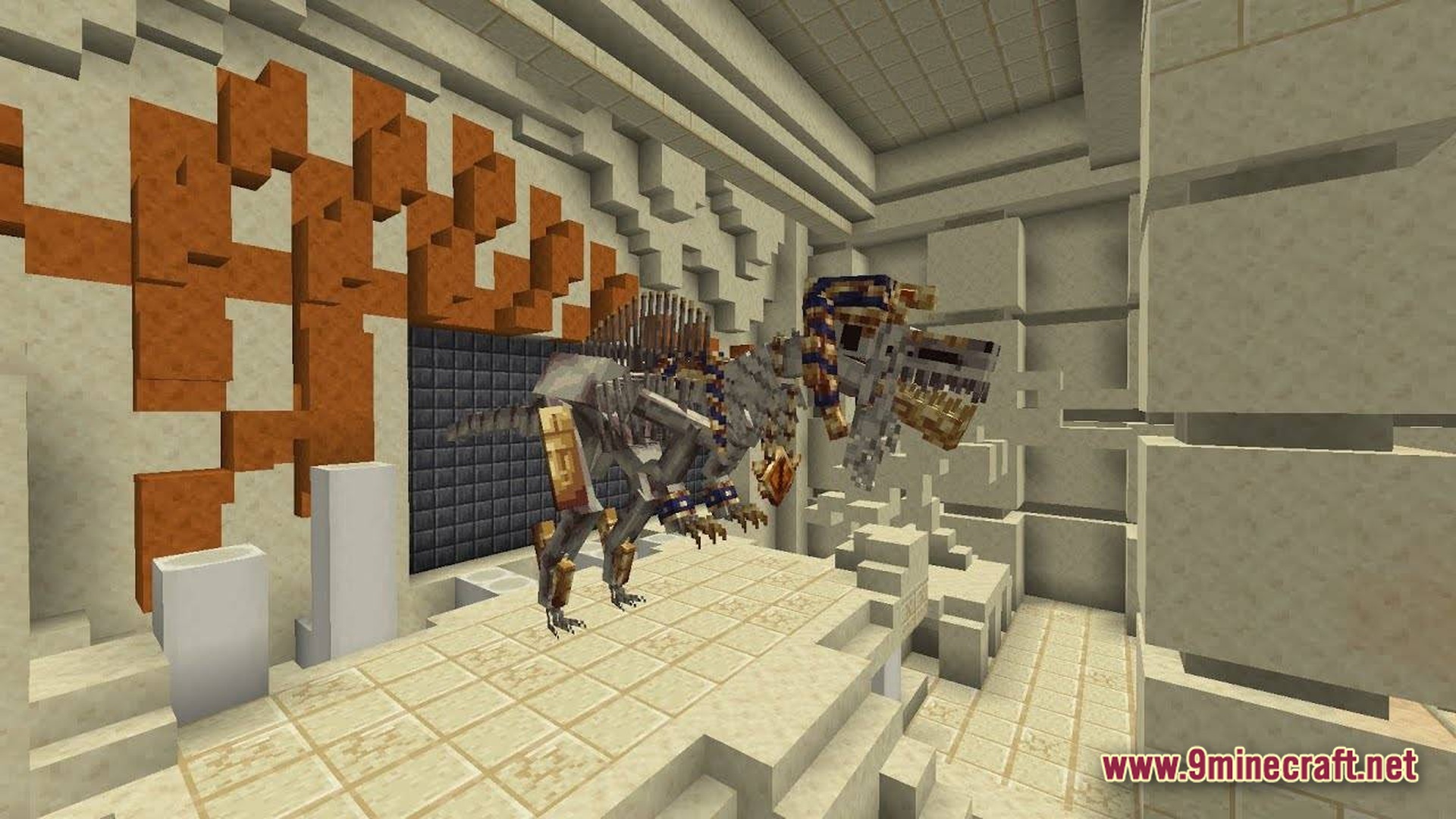 Primal Genesis Rising Modpack Screenshot 8 An armored Spinosaurus skeleton stands on a pedestal inside a large sandstone temple structure