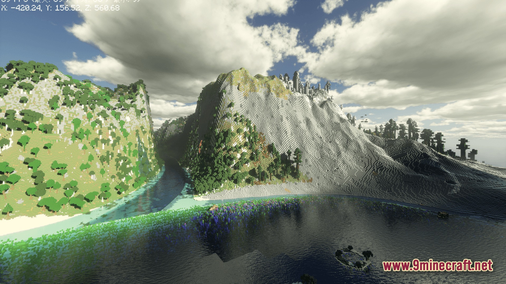 Primal Genesis Rising Modpack Screenshot 9 Large-scale custom mountain terrain featuring a river valley and forested slopes under a cloudy sky
