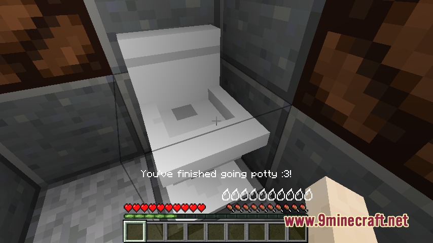 Primal Nature Calls Mod Screenshot 1 A player character using a white toilet block in Minecraft