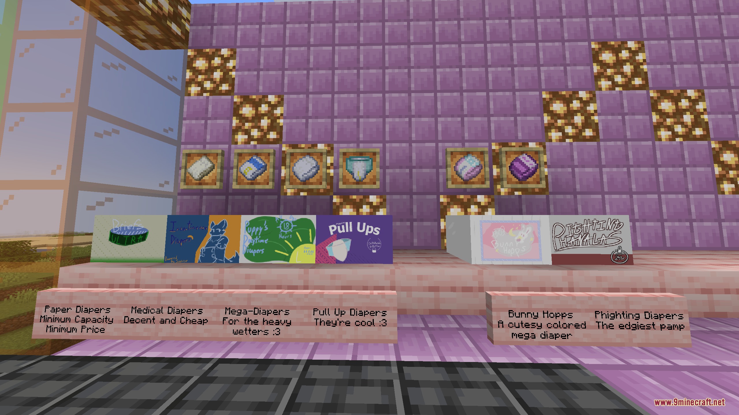 Primal Nature Calls Mod Screenshot 2 Various types of diapers displayed in item frames with descriptive signs