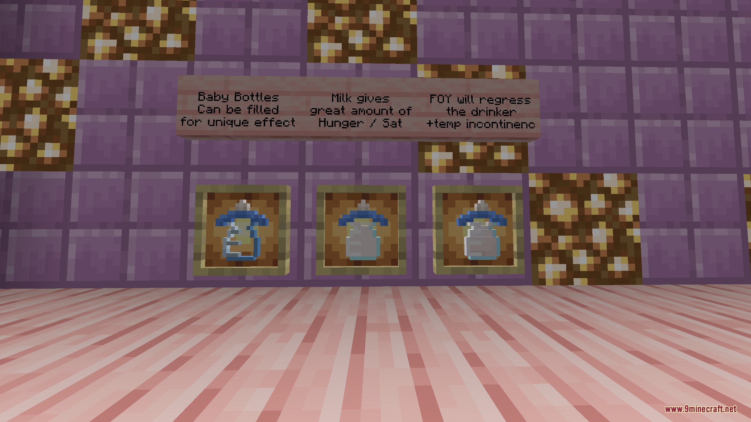 Primal Nature Calls Mod Screenshot 3 Baby bottles in item frames with signs in the Primal Nature Calls mod
