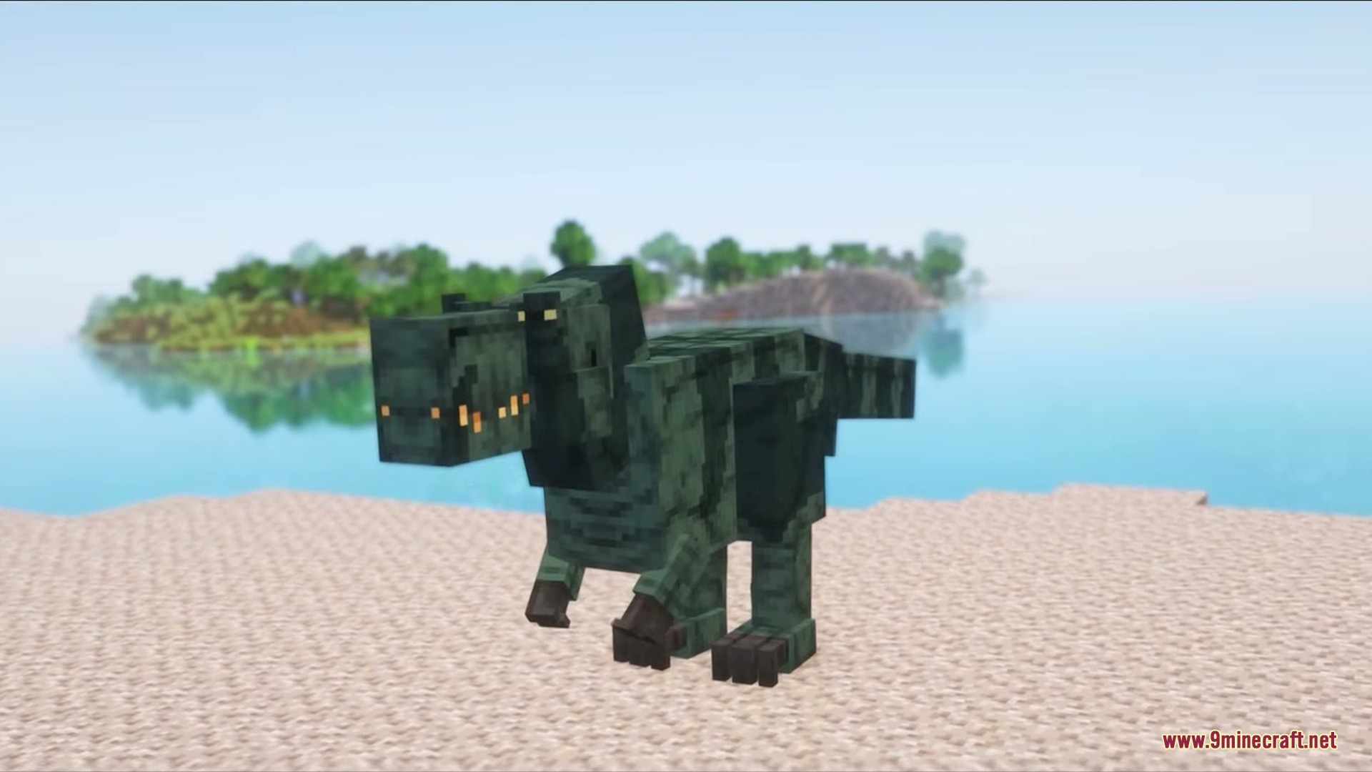 Primal Overworld Mod Screenshot 1 A green prehistoric dinosaur stands on a sandy beach near the ocean