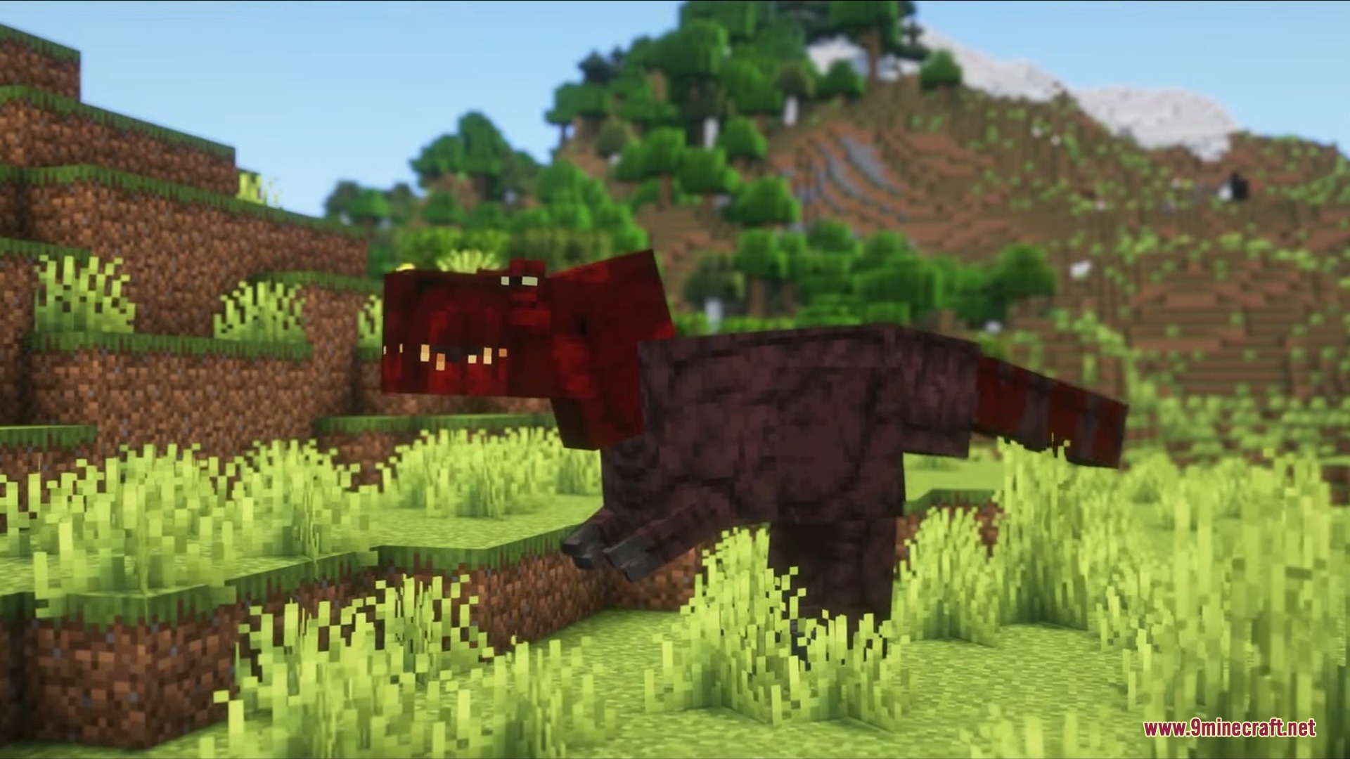 Primal Overworld Mod Screenshot 2 A large red dinosaur wanders through a grassy landscape in the overworld