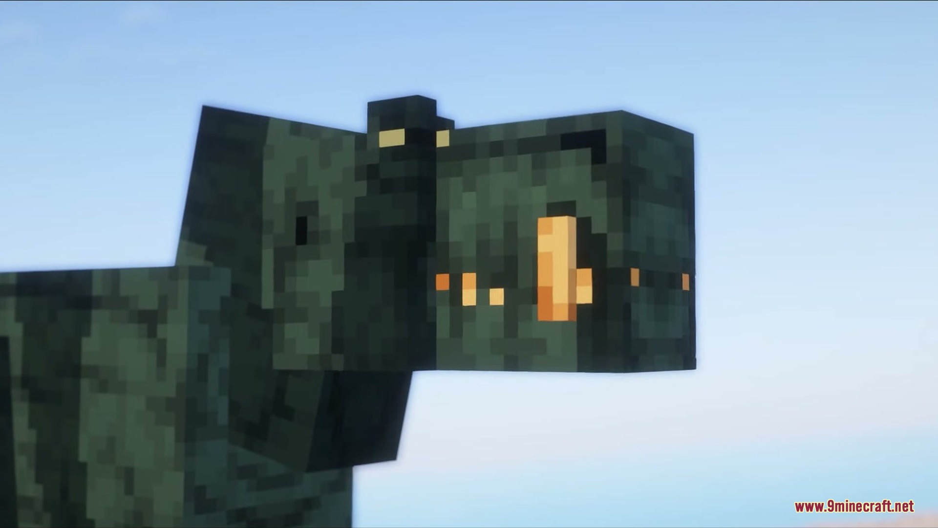 Primal Overworld Mod Screenshot 3 Close up of a dark green prehistoric dinosaur head with glowing yellow eyes