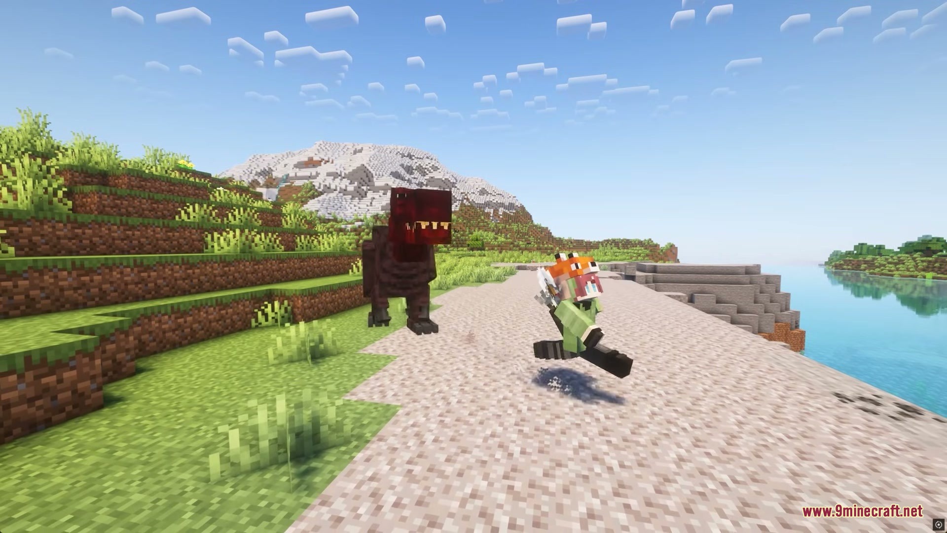 Primal Overworld Mod Screenshot 4 A player runs away from a giant red dinosaur on a sandy beach