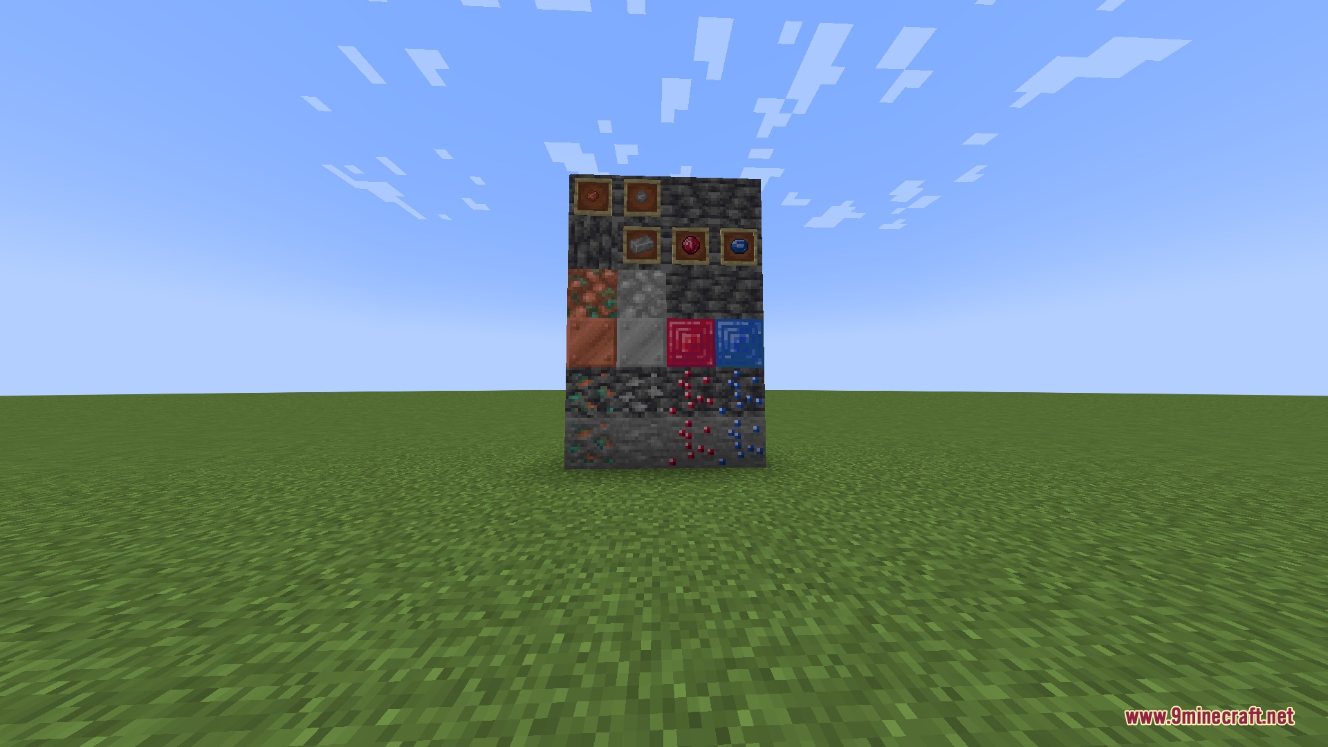 Primal Vein Abundance Mod Screenshot 1 A wall showcasing various new ores and mineral blocks in a field
