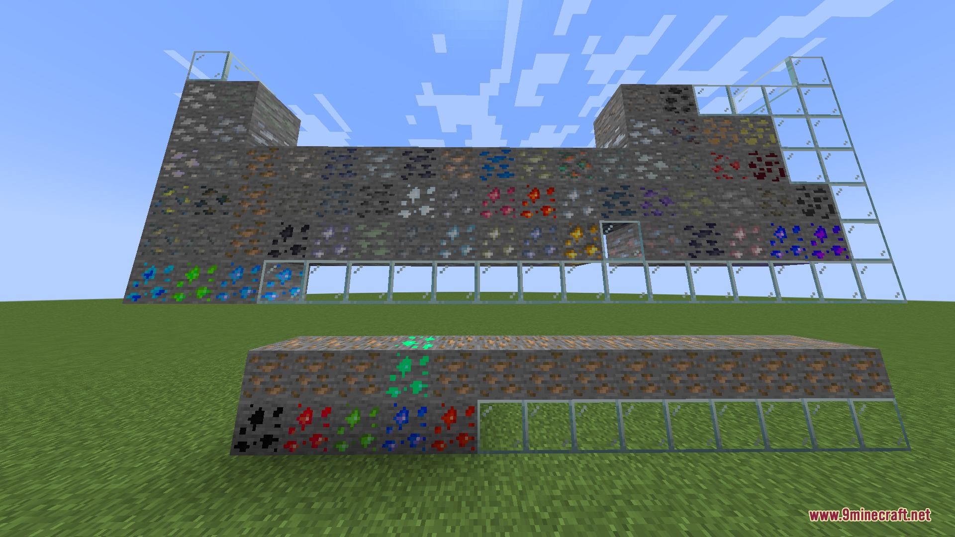 Primal Vein Abundance Mod Screenshot 3 A periodic table constructed from various Minecraft ore blocks in a flat world