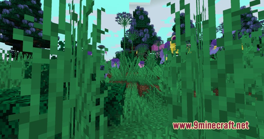 Primal Verdant Wilds Mod Screenshot 1 A first person view through tall grass and purple flowers in a forest