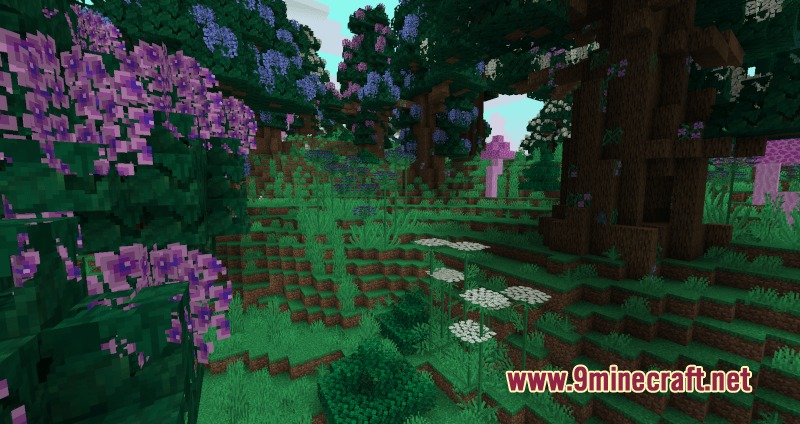 Primal Verdant Wilds Mod Screenshot 2 Dense forest biome with giant hydrangea trees and colorful ground plants