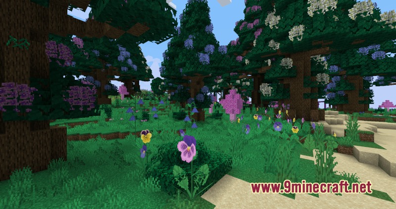 Primal Verdant Wilds Mod Screenshot 3 Lush Minecraft forest with giant hydrangea trees and colorful wild pansy flowers