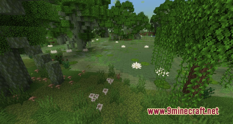 Primal Verdant Wilds Mod Screenshot 5 Mushrooms grow on the grass near a swamp filled with water lilies