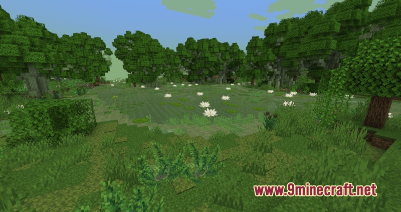 Primal Verdant Wilds Mod Screenshot 6 Dense green trees surround a swampy lake covered in white water lilies