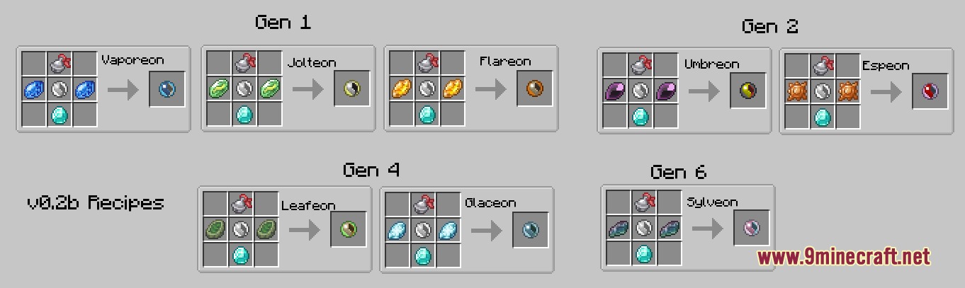 Primal Zenith Forms Mod Screenshot 2 Crafting recipes for various Eevee evolution stones in a Minecraft crafting table