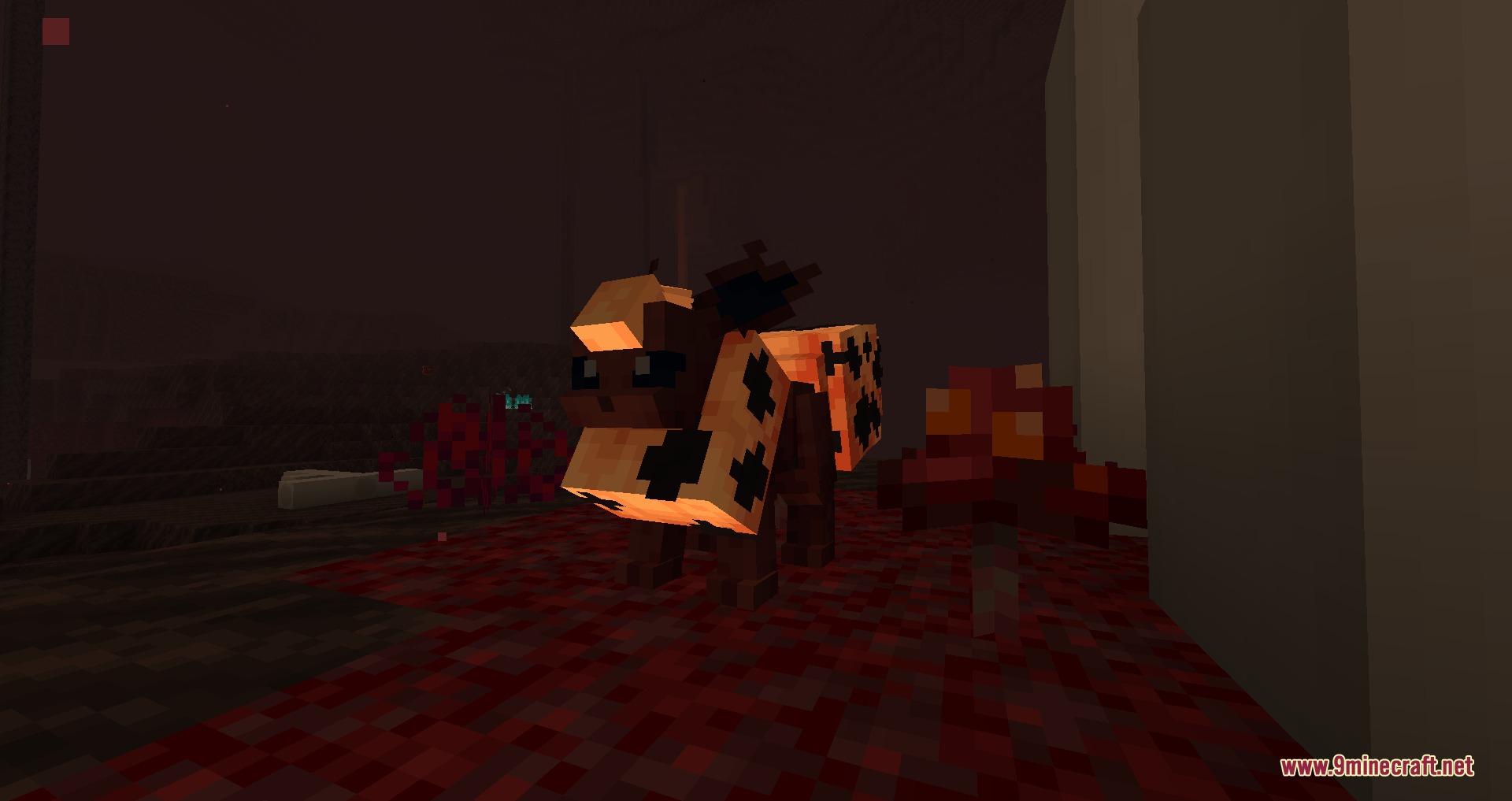 Primal Zenith Forms Mod Screenshot 3 A glowing orange creature stands among red mushrooms in a dark nether environment