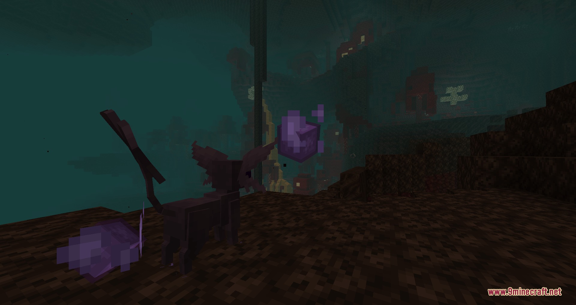 Primal Zenith Forms Mod Screenshot 4 A purple winged creature looks over a dark landscape with glowing purple particles