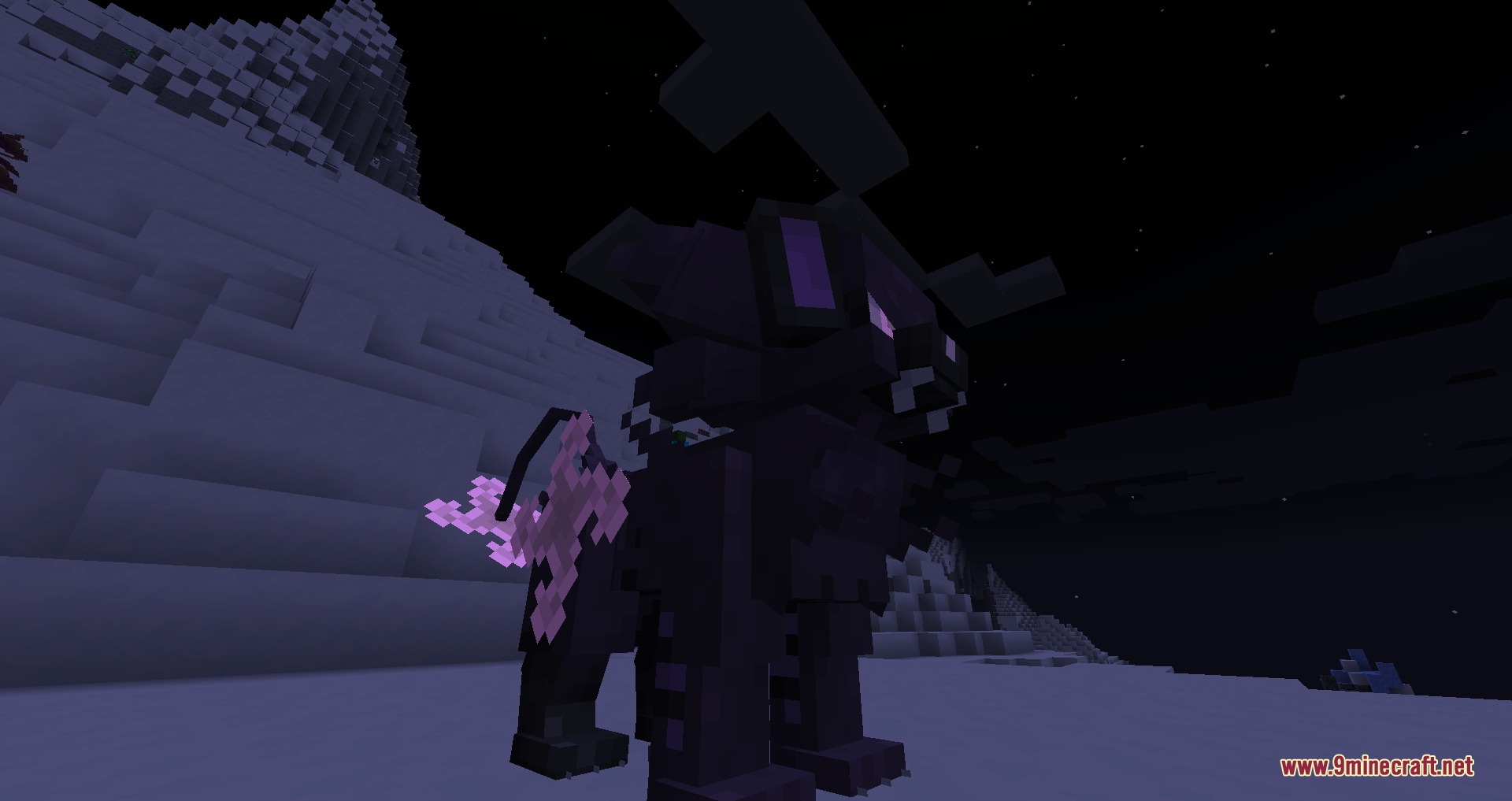 Primal Zenith Forms Mod Screenshot 7 A dark Mega Luxray stands in a snowy Minecraft landscape at night