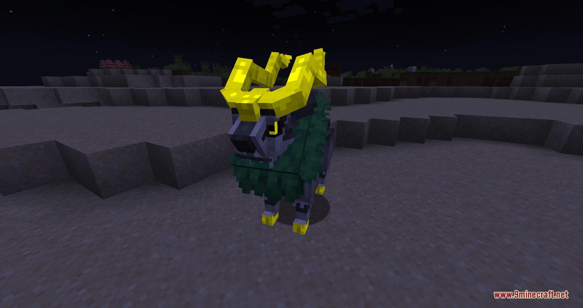 Primal Zenith Forms Mod Screenshot 8 A Mega Gogoat with large yellow horns stands in a dark desert