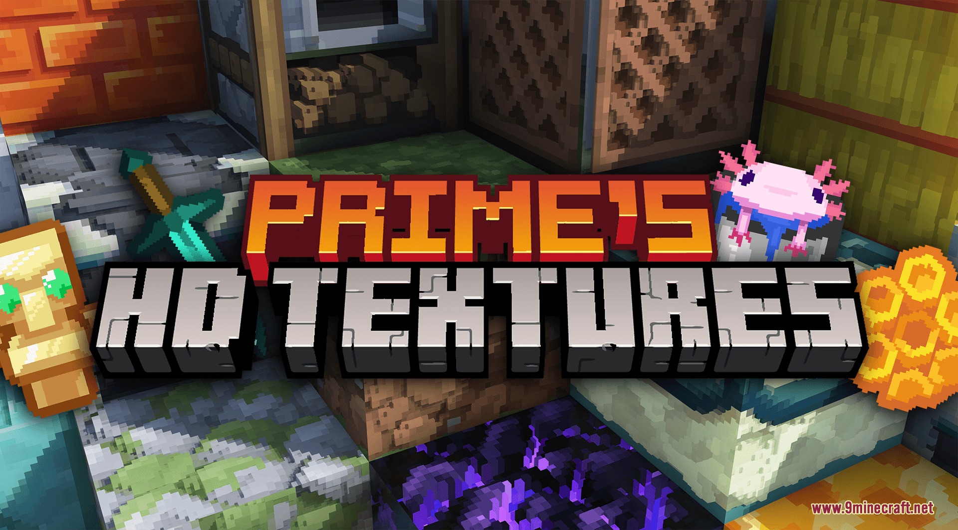 Prime's HD Textures FREE 32x Resource Pack Screenshot 1 Prime's HD Textures title screen featuring various blocks and a pink axolotl