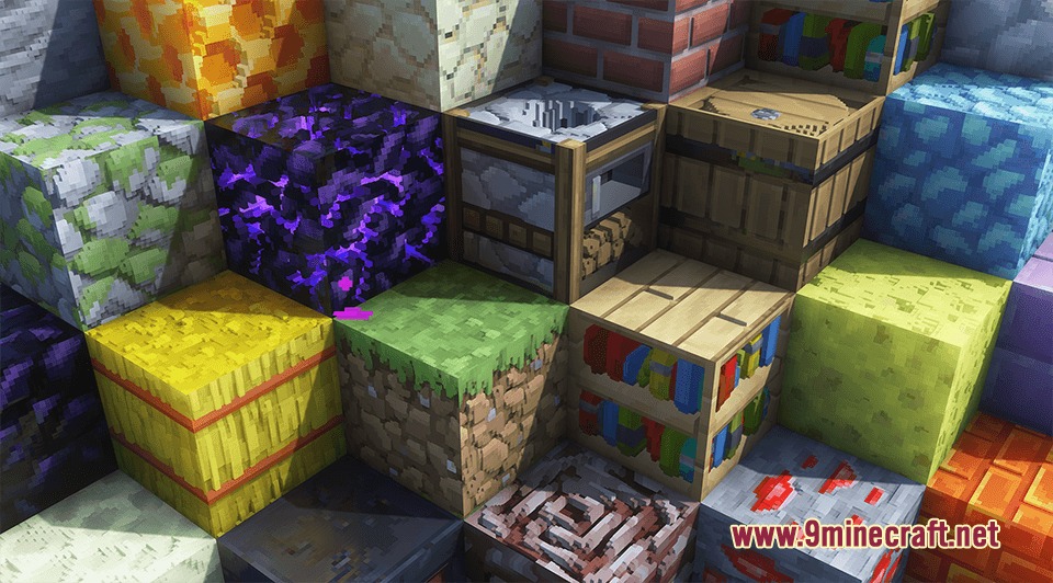 Prime's HD Textures FREE 32x Resource Pack Screenshot 2 Various Minecraft blocks with detailed textures stacked together in a bright scene