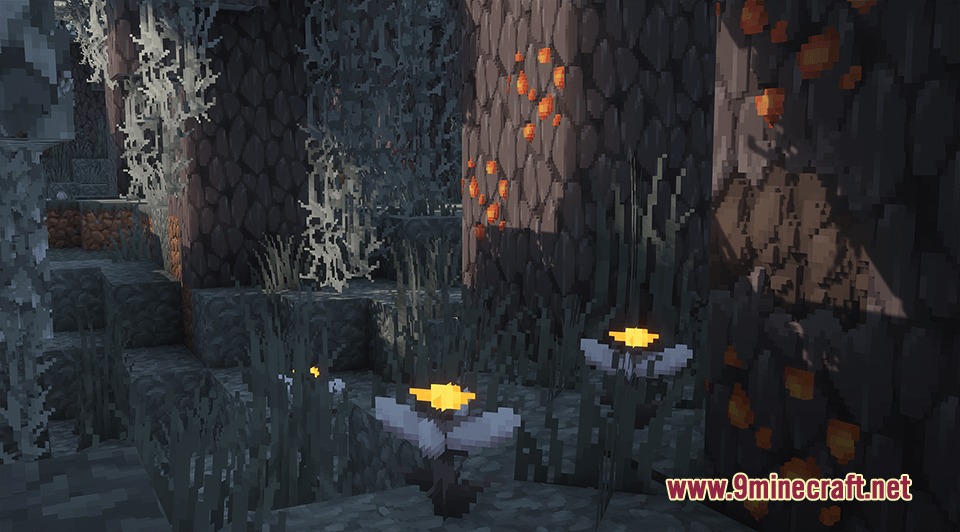 Prime's HD Textures FREE 32x Resource Pack Screenshot 4 Detailed cave environment featuring glowing orange ores and small white flowers on the ground