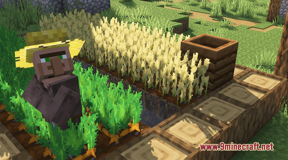 Prime's HD Textures FREE 32x Resource Pack Screenshot 5 A farmer villager stands among high definition wheat and carrot crops in a field