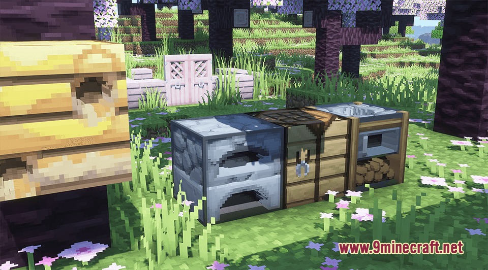 Prime's HD Textures FREE 32x Resource Pack Screenshot 6 High definition utility blocks and a beehive placed in a cherry blossom forest