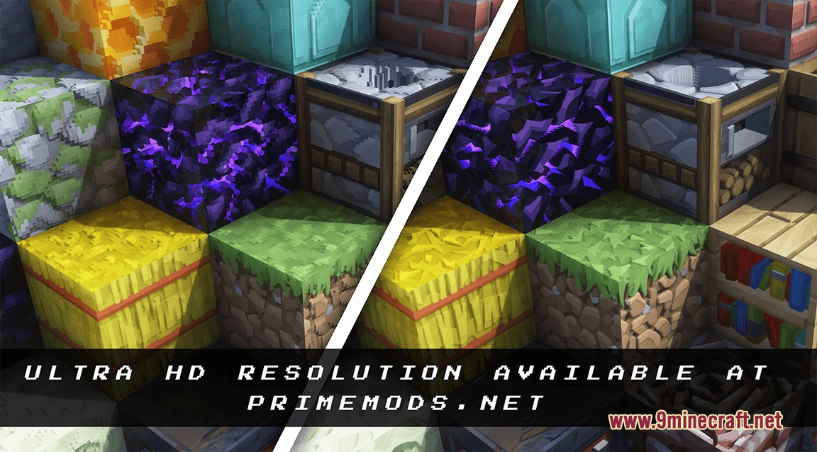Prime's HD Textures FREE 32x Resource Pack Screenshot 8 Side by side comparison of standard and high definition Minecraft block textures