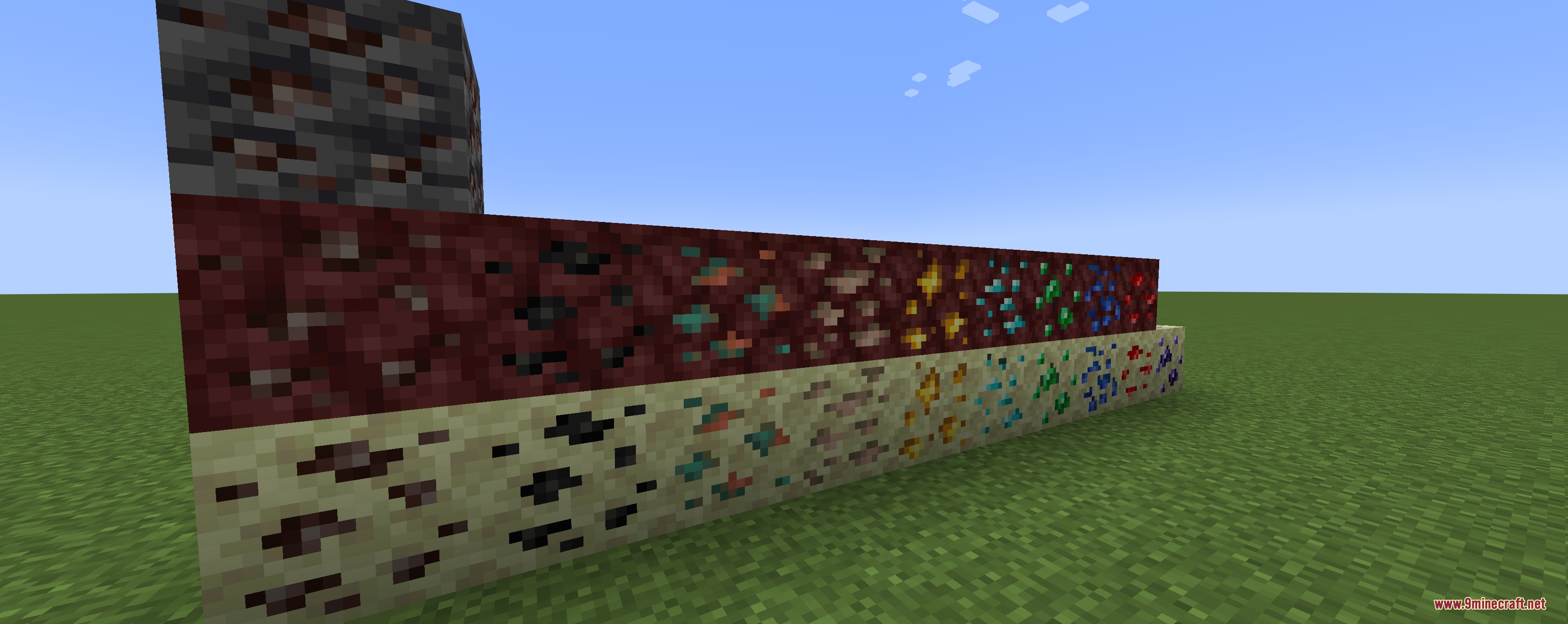 Various custom ore blocks spawning in the Nether and the End