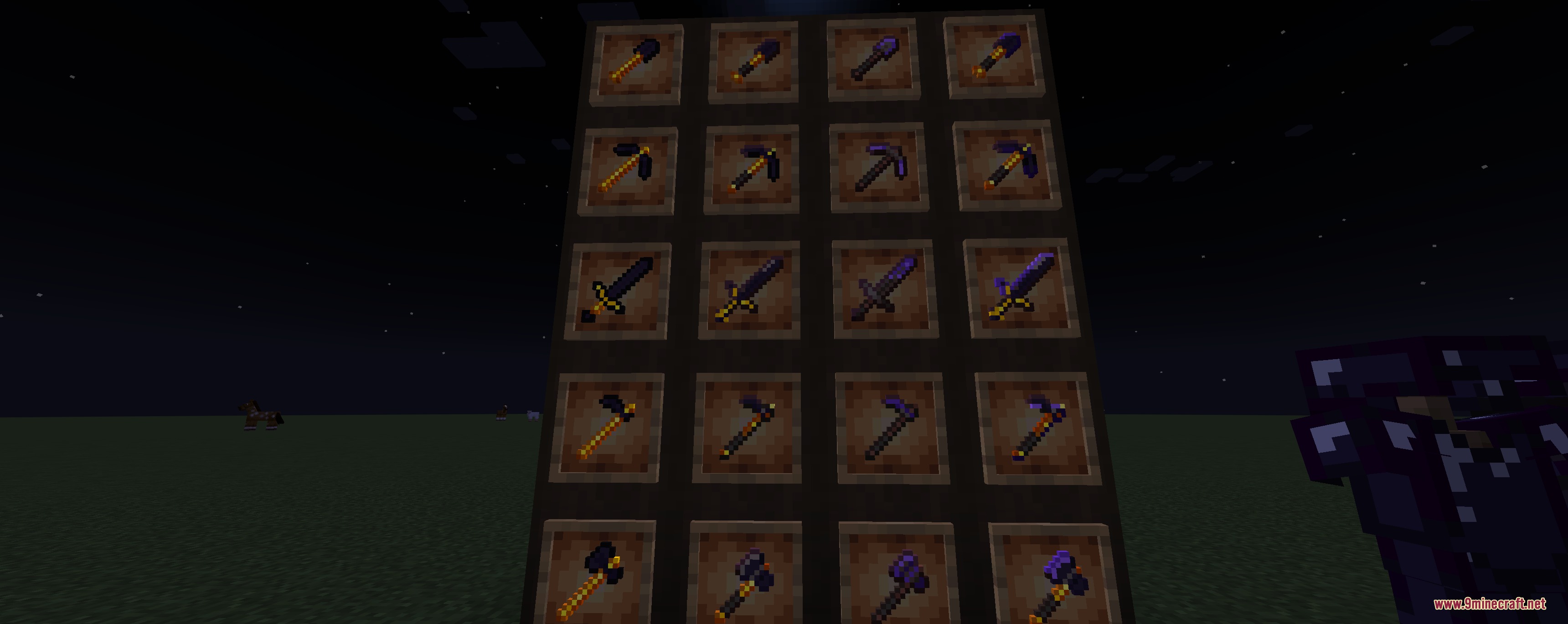 A wall of item frames displaying various upgraded tools and armor