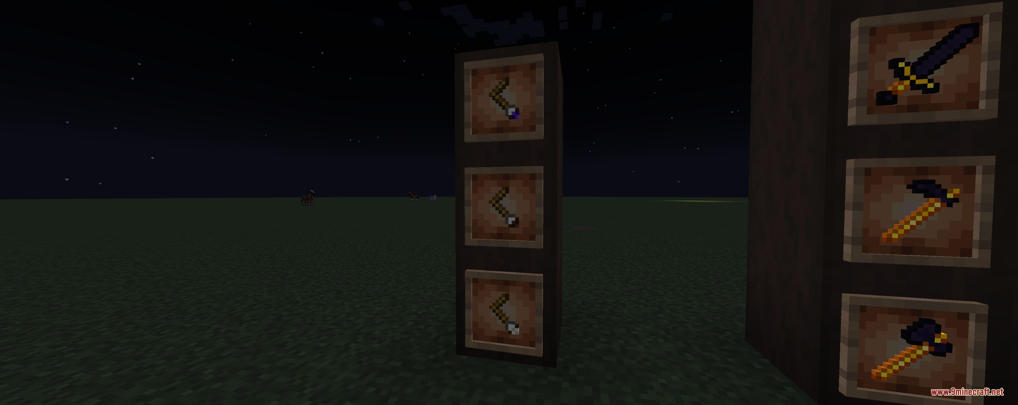 Custom weapons and tools displayed in item frames at night