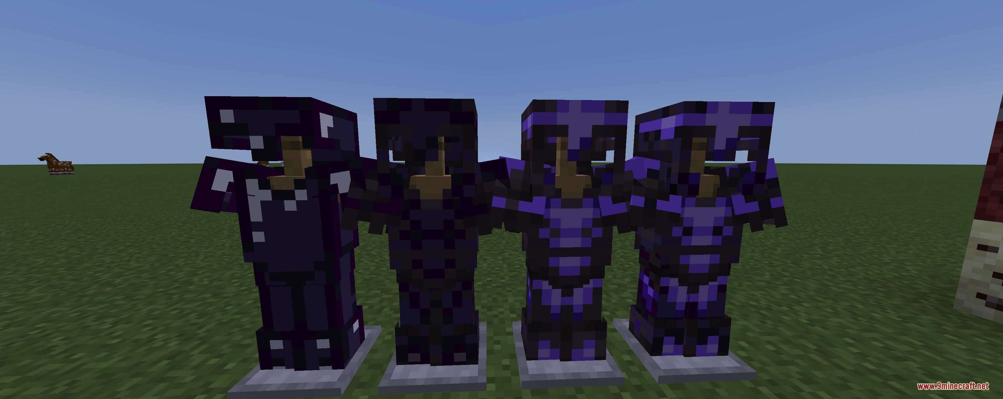 Four sets of high tier dark purple armor displayed on armor stands