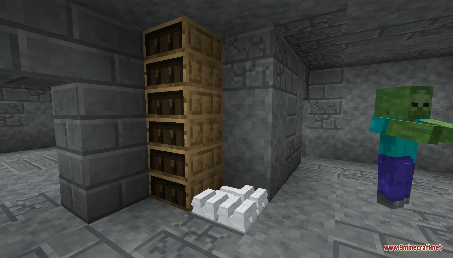 Primitive Urban Overgrowth Mod Screenshot 1 Primitive Urban Overgrowth Mod features metal ingot piles and tool racks in basements