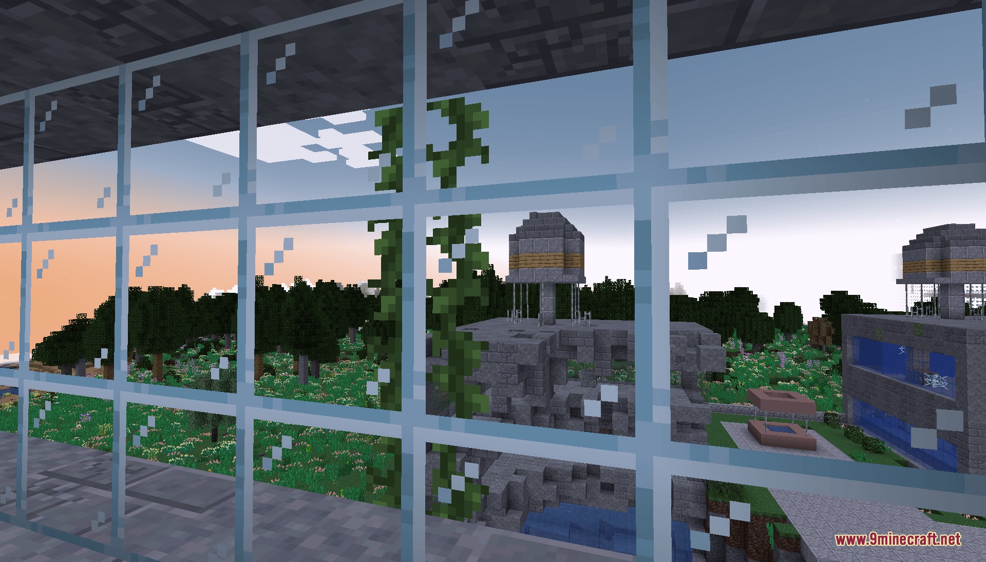 Primitive Urban Overgrowth Mod Screenshot 2 Overgrown ruins and stone buildings visible through a glass window at sunset