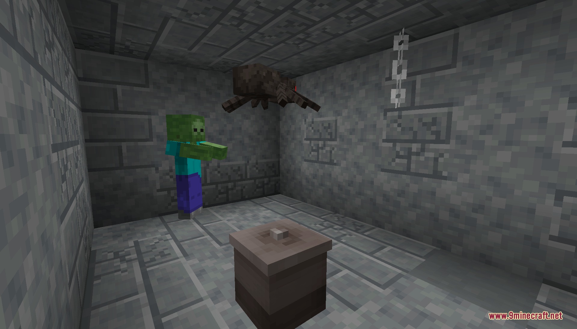 Primitive Urban Overgrowth Mod Screenshot 3 A zombie and spider inside a stone brick room with a large vessel