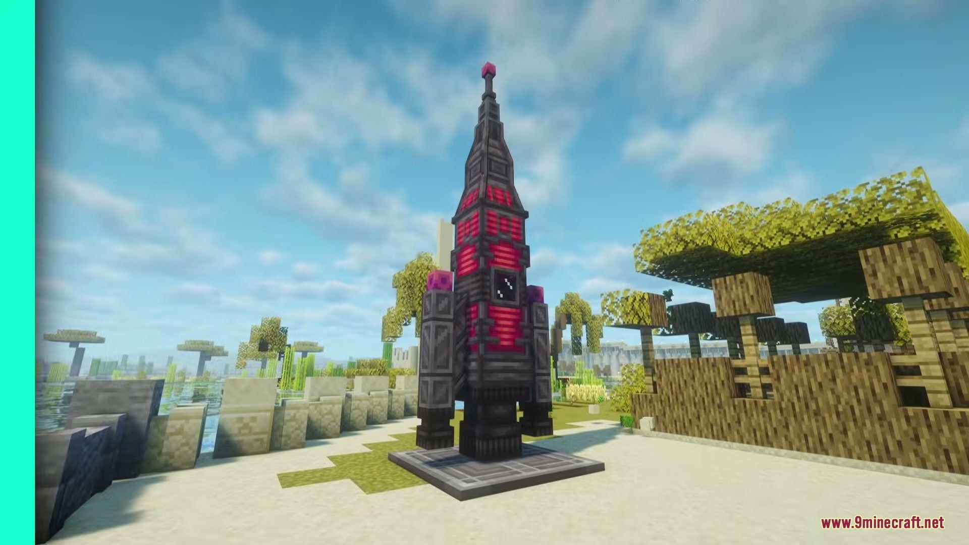 Primus Mod Screenshot 1 Primus Mod features a tall rocket with red glowing accents in Minecraft