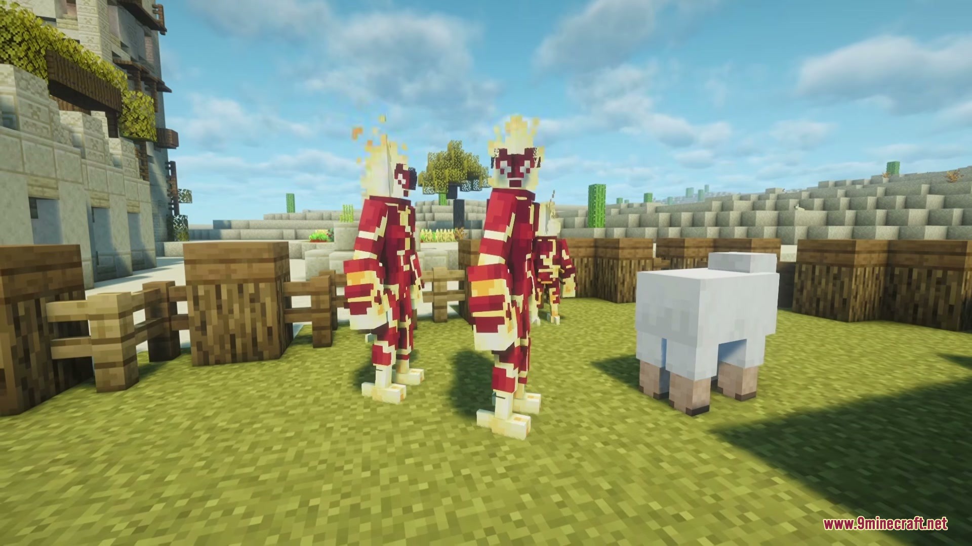 Primus Mod Screenshot 4 Two fiery Pyronite mobs standing next to a white sheep in a farm