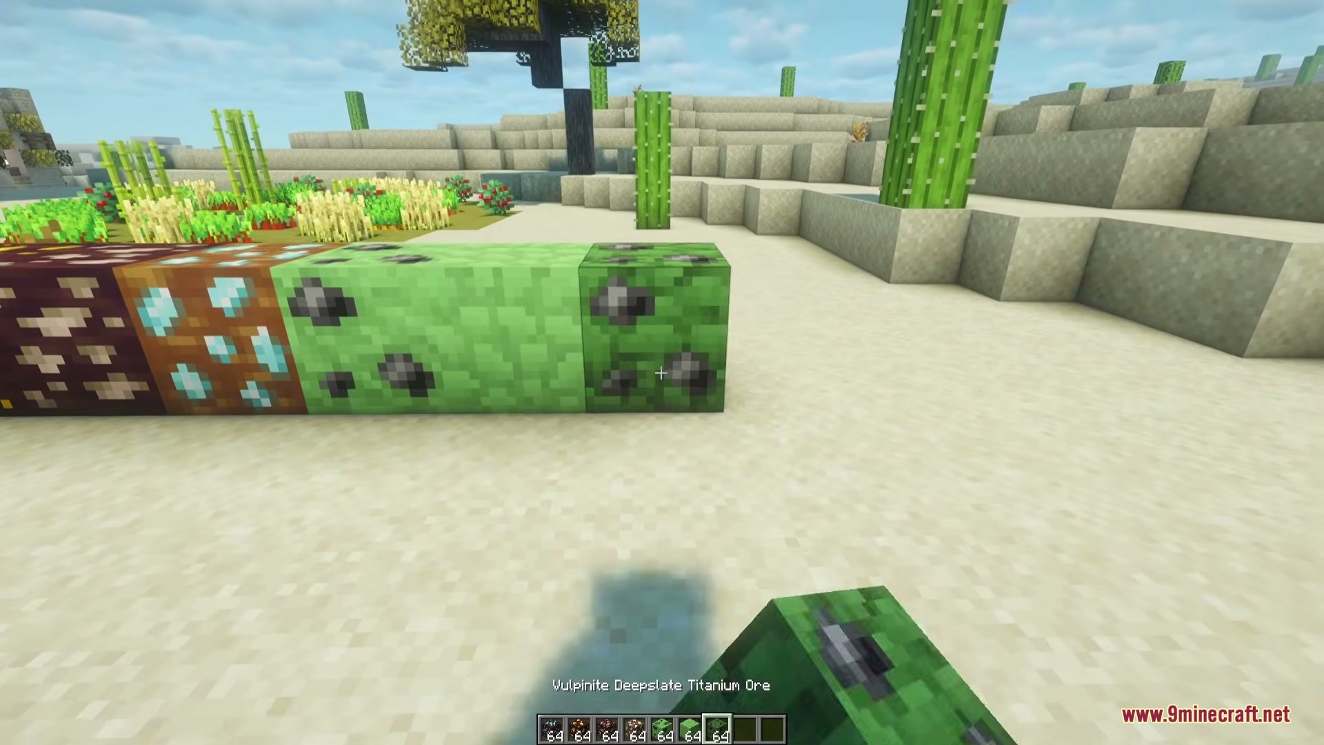 Primus Mod Screenshot 5 Player looking at Vulpinite Deepslate Titanium Ore blocks on a sandy beach