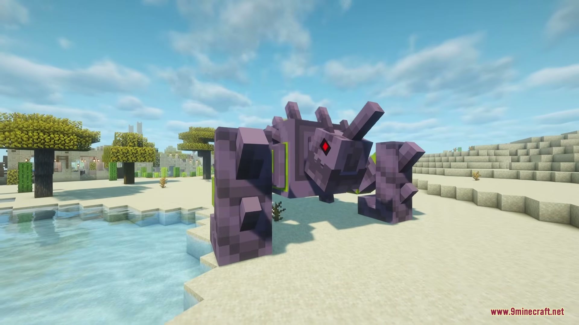 Primus Mod Screenshot 6 A large purple Crabdozer creature standing on a sandy beach near the water