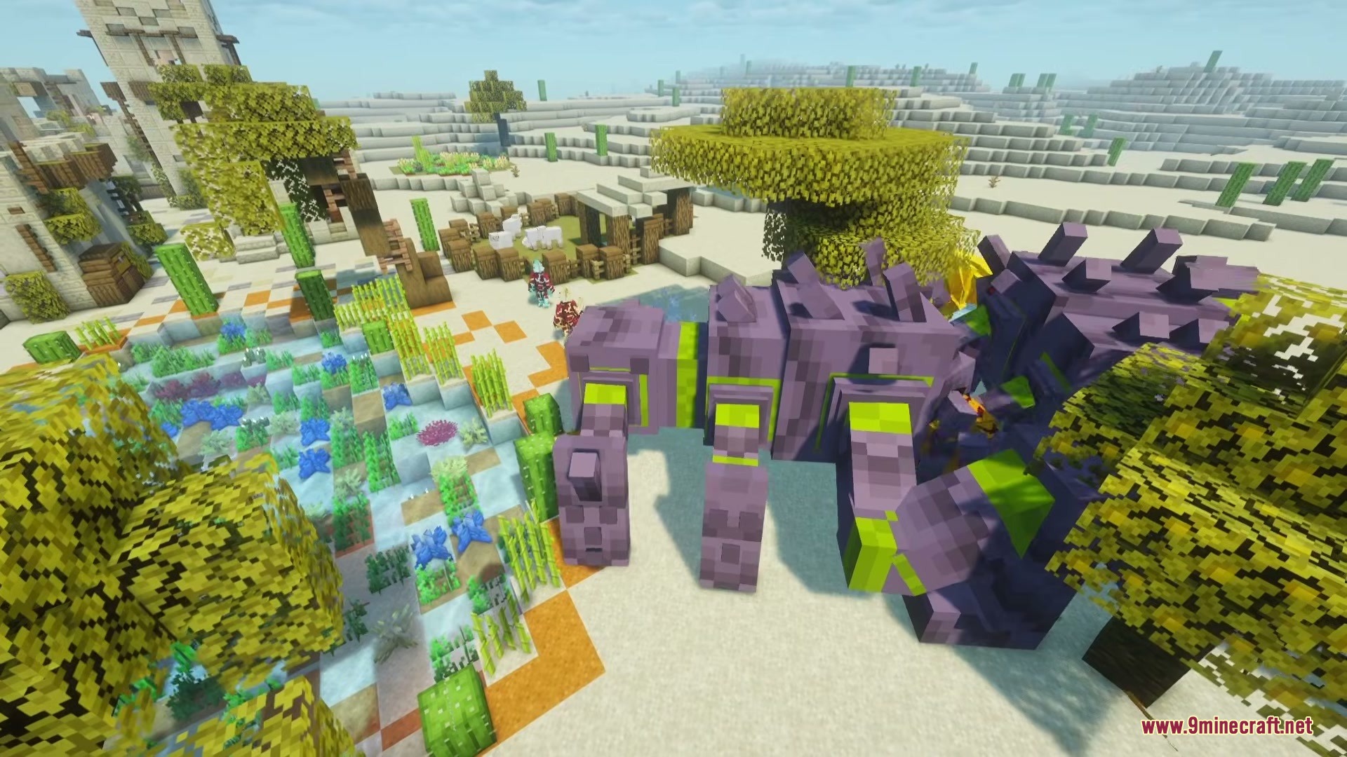 Primus Mod Screenshot 7 A large purple and green Crabdozer stands near a desert oasis garden
