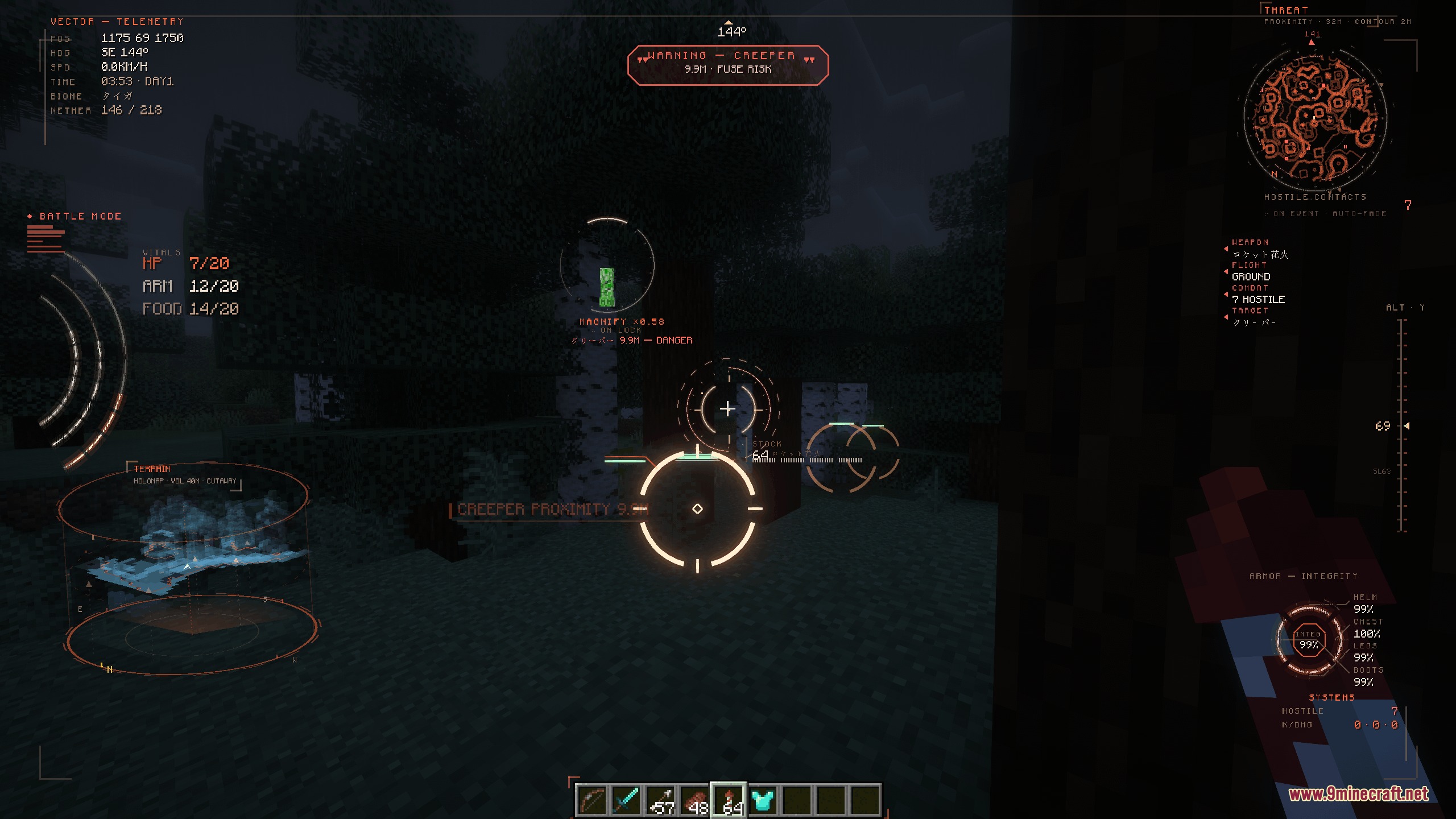 Futuristic vector flight display highlighting a creeper in a dark forest at night