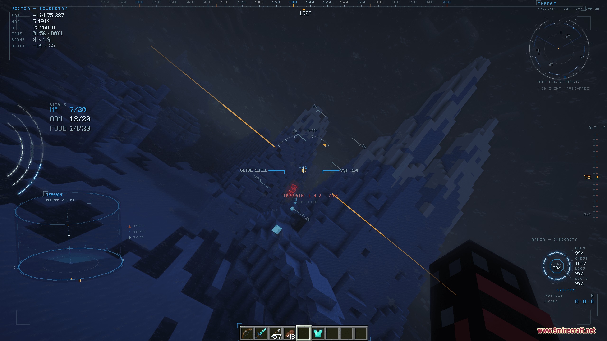 Prism Flight Geometry Mod displaying futuristic vector flight instruments and terrain map