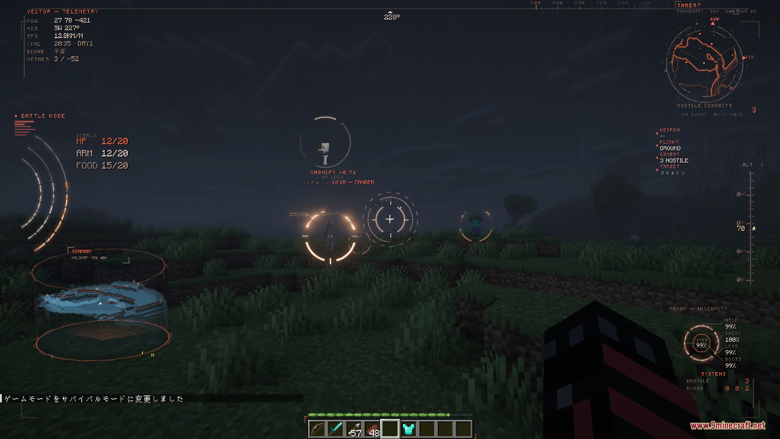 Combat HUD highlighting hostile mobs with targeting reticles at night