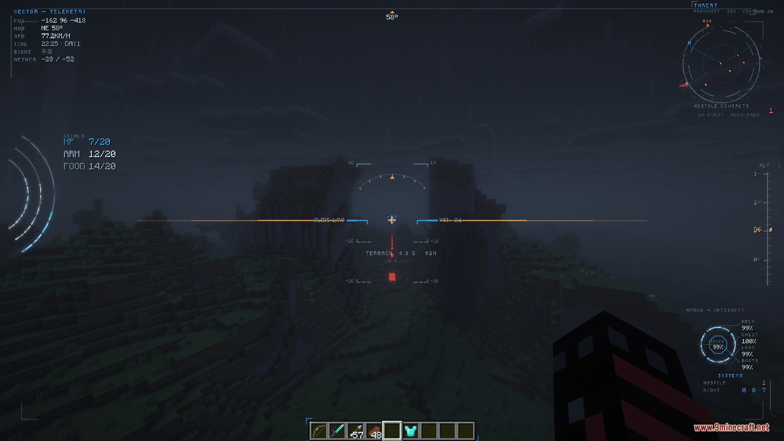 Futuristic vector flight display showing player vitals and flight instruments in Minecraft