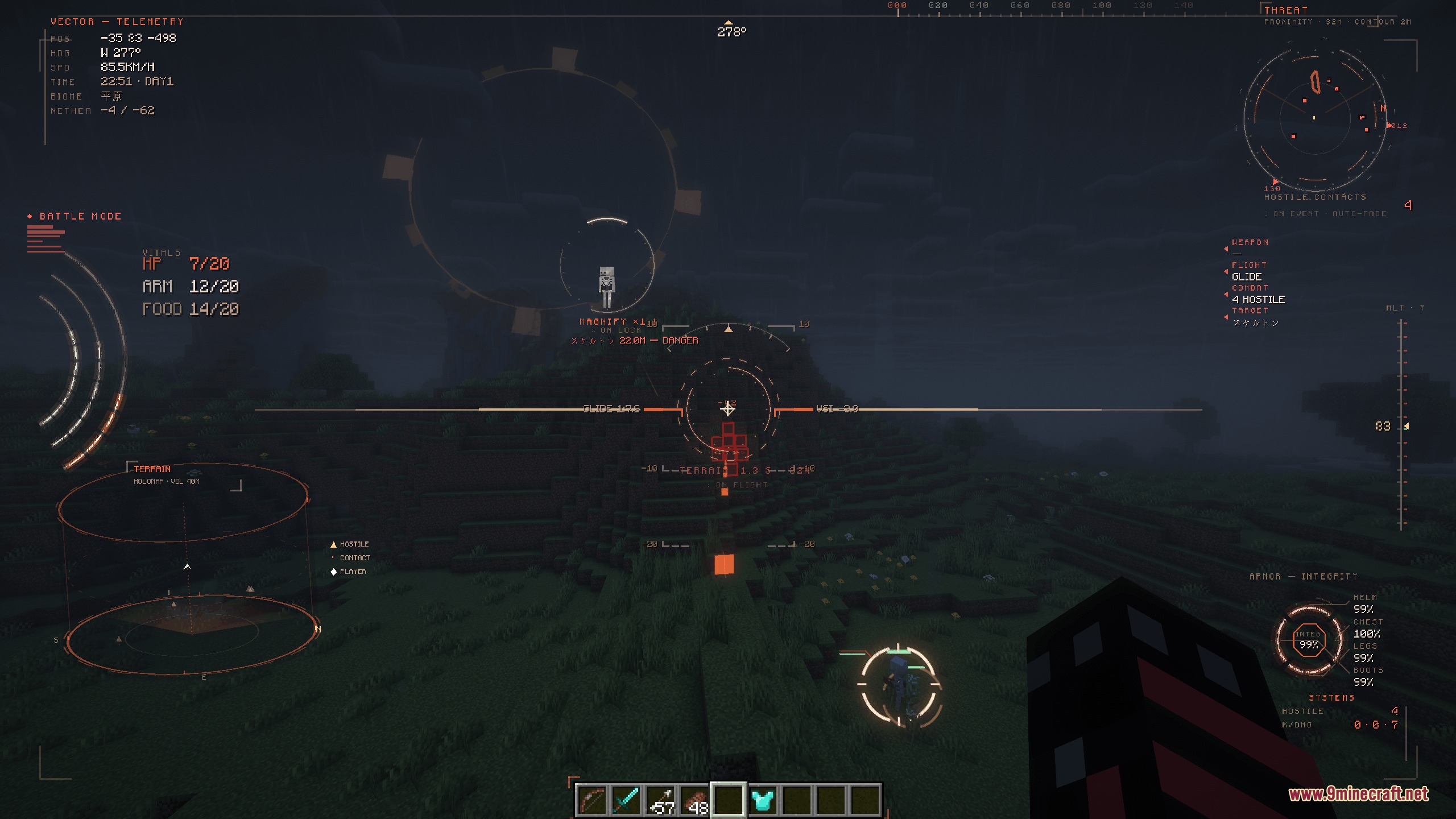 Combat interface tracking a skeleton with a holographic terrain map at night