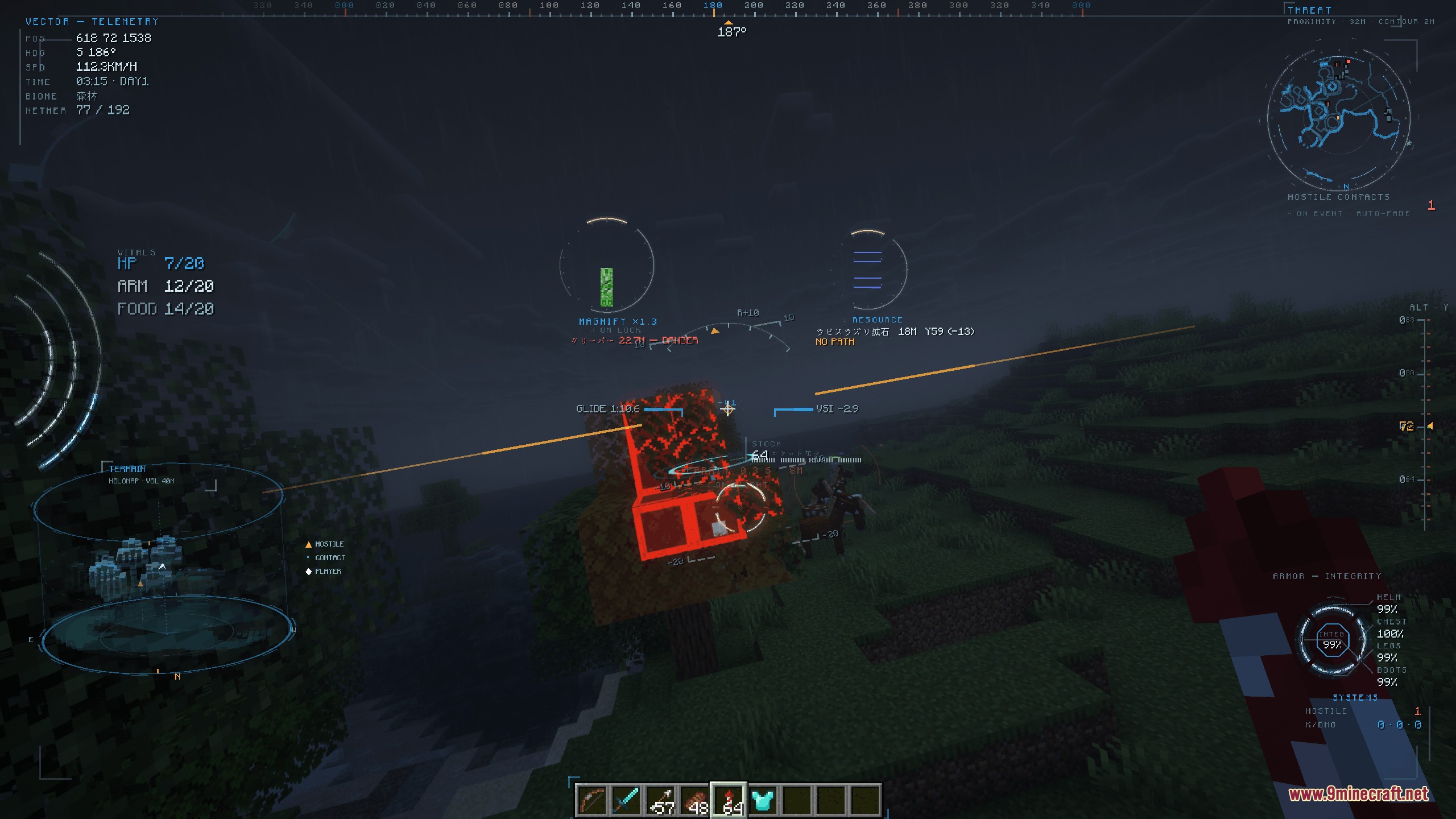 Combat HUD highlighting a creeper and nearby threats with red visual markers