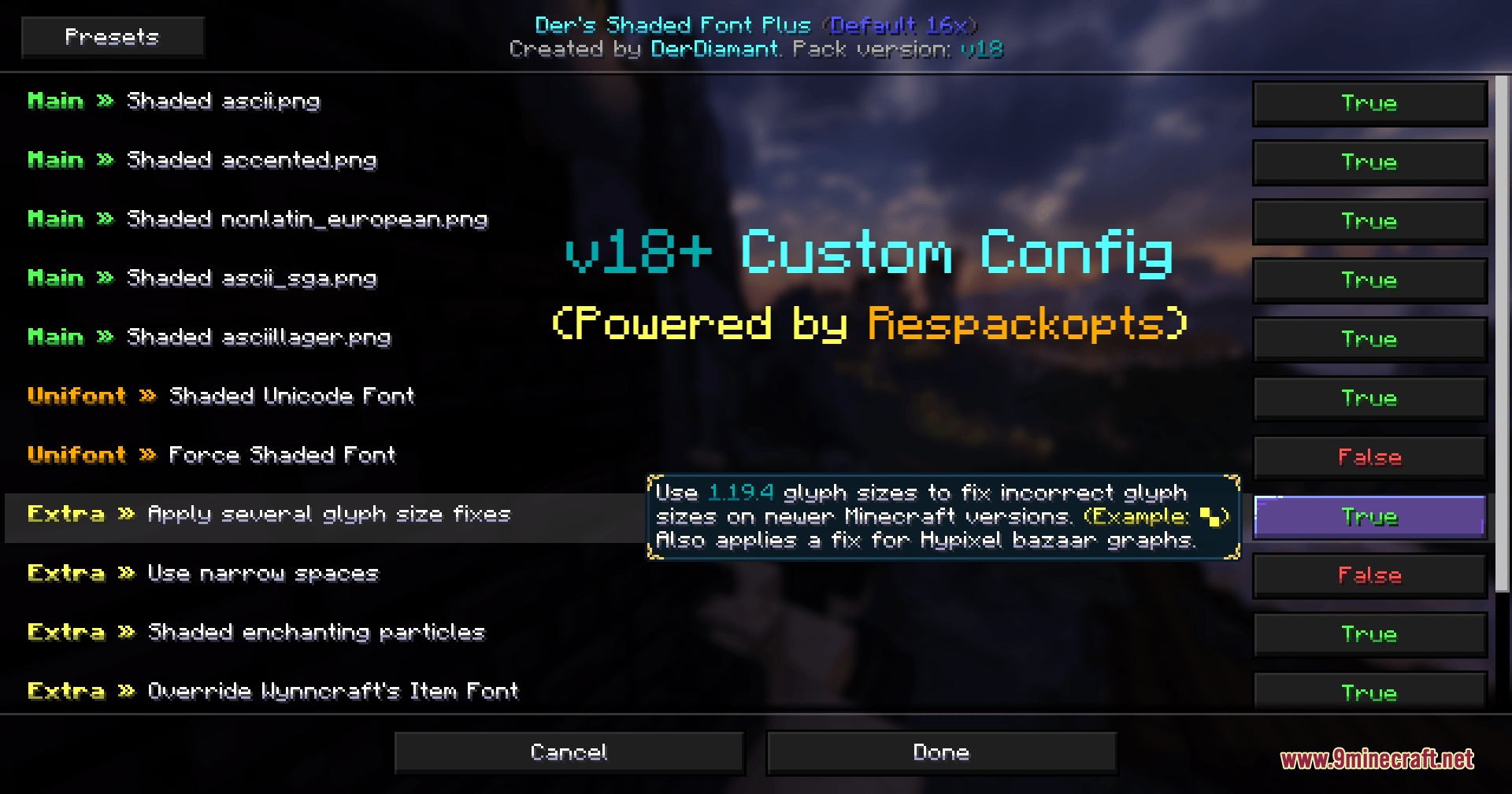 Prism Glyph Standard Resource Pack Screenshot 1 Minecraft settings menu displaying custom font configuration and toggle options