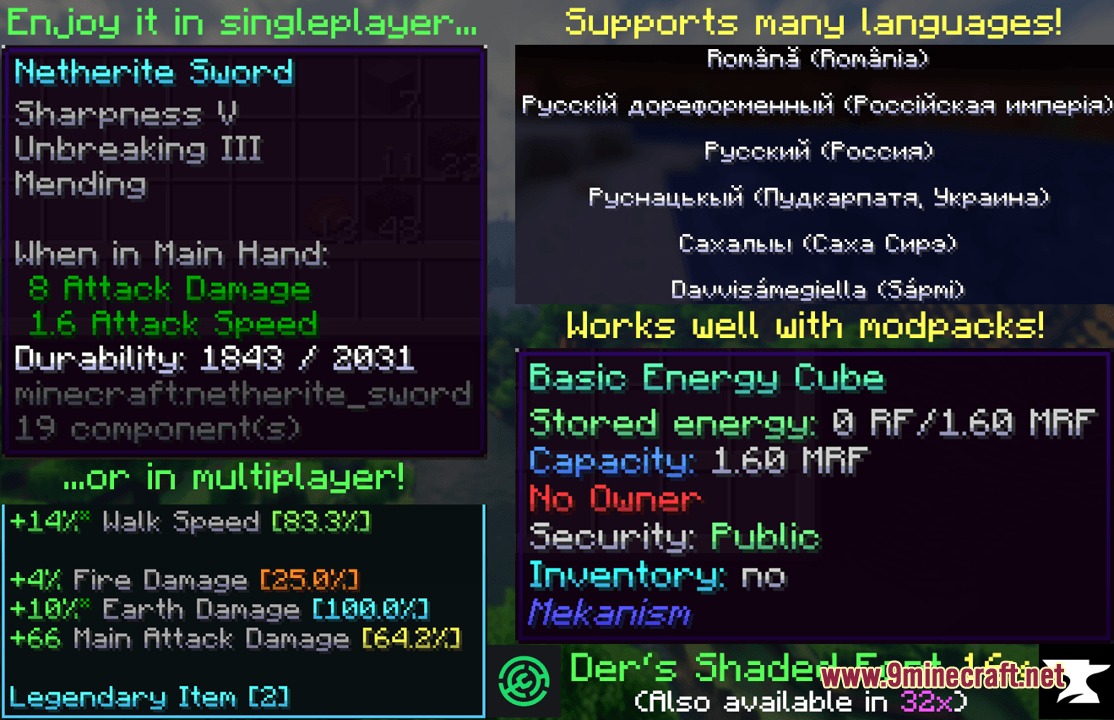Prism Glyph Standard Resource Pack Screenshot 2 Item tooltips and language examples featuring colorful shaded text effects