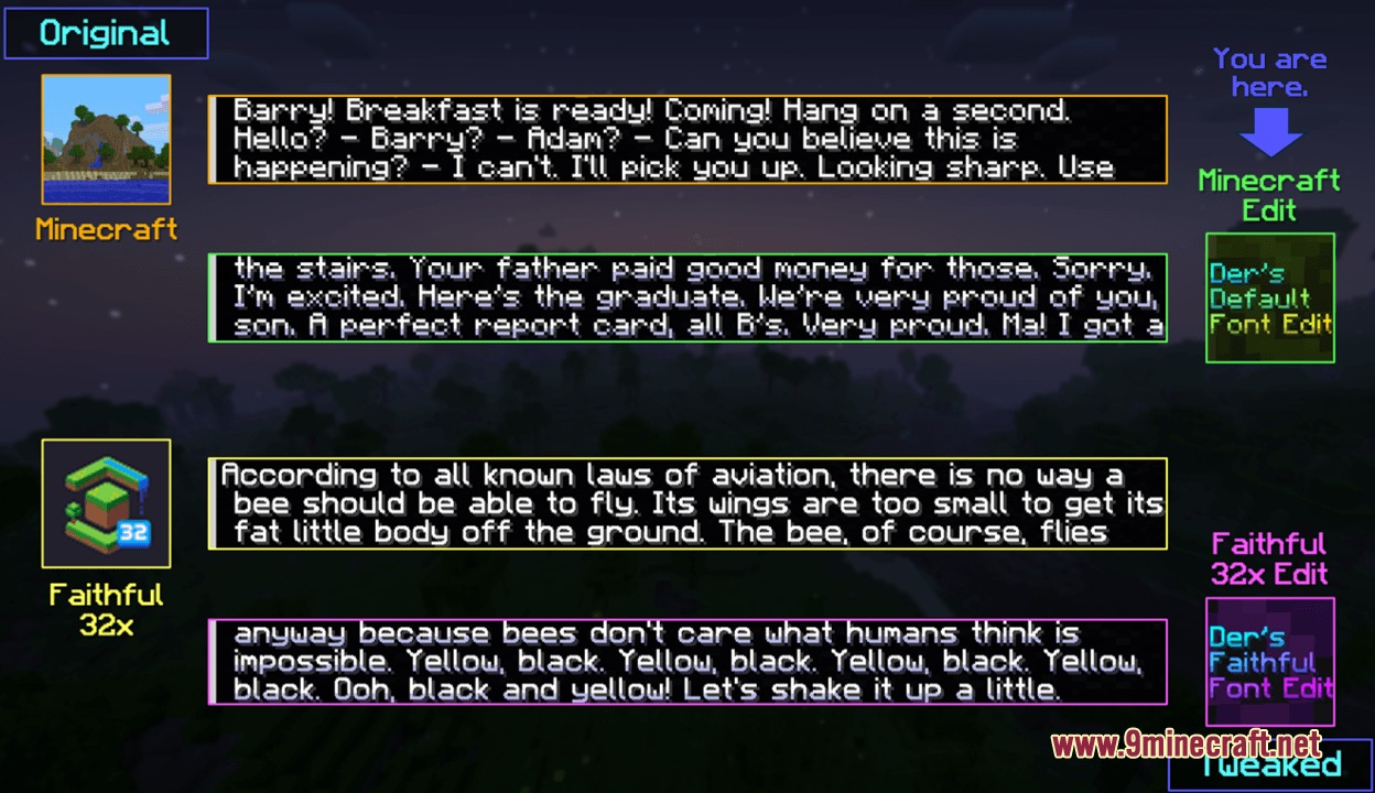 Prism Glyph Standard Resource Pack Screenshot 5 Comparison of different font styles and colorful text shading in Minecraft menus