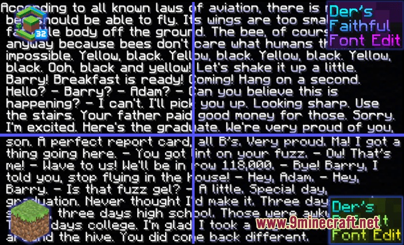 Prism Glyph Standard Resource Pack Screenshot 7 Minecraft font comparison showing text from Bee Movie script